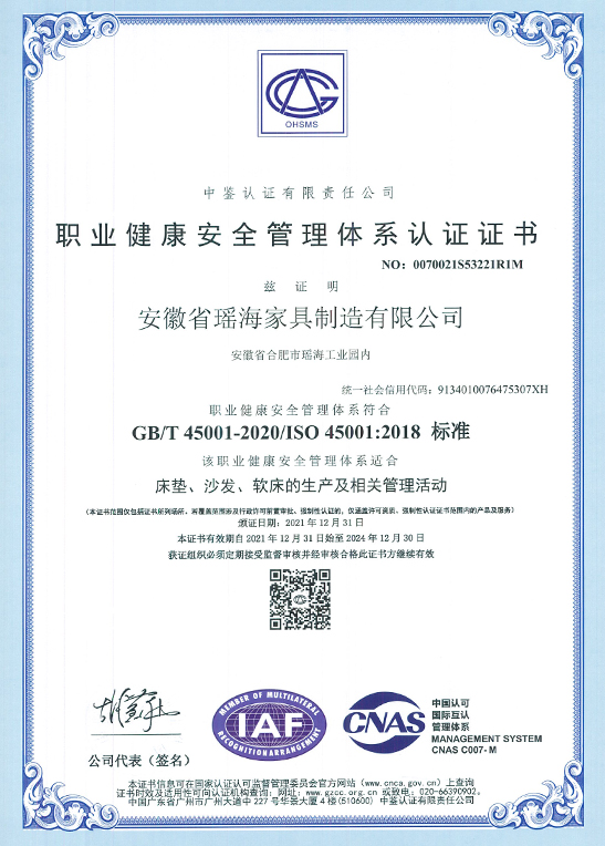 芜湖职业健康安 全管理体系认证证书